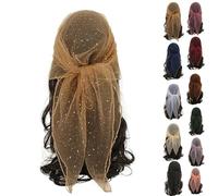 Women's Glitter Decor Head Scarf 31.5” Rhinestone Sparkle Sequin Square Hair Wrap Scarves Summer Fashion Mesh Bandana (Champagne,80 * 80cm)