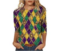 Women's Glitter Effect Carnival Top Purple Green Yellow Gradient Three Quarter Sleeve Blouse Sparkling Round Neck Shimmering Festival Shirt Mardi Gras Holiday Parties Tops Holiday 3/4 Sleeve Tops