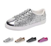 Women's Glitter Lace Up Platform Shoes Low Top Sequin Tennis Sneakers Fashion Sparkle Rhinestone Retro Casual Lightweight Comfortable Dressy Wedding Anti Slip Walking Shoes Size 4.5 Silver