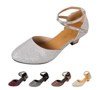 Women's Glitter Latin Dance Shoes Closed Toe Low Block Heels Size 3.5 Ankle Buckle Strappy Sequins Pumps Dress Work Church Latin Evening Shoes Silver