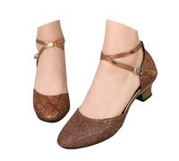 Women's Glitter Latin Dance Shoes Closed Toe Low Block Heels Size 5.5 Ankle Buckle Strappy Sequins Pumps Dress Work Church Latin Evening Shoes Brown