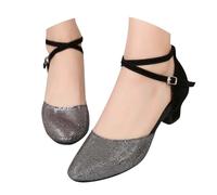 Women's Glitter Latin Dance Shoes Closed Toe Low Block Heels Size 6.5 Ankle Buckle Strappy Sequins Pumps Dress Work Church Latin Evening Shoes Black