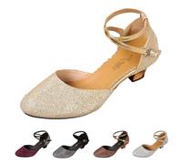 Women's Glitter Latin Dance Shoes Closed Toe Low Block Heels Size 6.5 Ankle Buckle Strappy Sequins Pumps Dress Work Church Latin Evening Shoes Gold