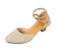 Womens Glitter Low Heel Sandals Summer Orthopedic Wide Fit Closed Toe Party Sandal with Adjustable Buckle Ankle Strap Ladies Arch Support Walking Shoes Casual Wedding Slides (Gold, 4)