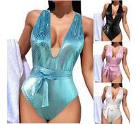 Women's Glitter One Piece Swimsuit UK Sale Ladies Snake Pattern Sequins Swimwear Lace Up Backless Swimming Costume Deep V Neck Swimsuits Tummy Control Bathing Suits Tight Bikini Monokini Black