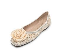 Women's Glitter Rhinestone Flat Shoes with Satin Rose Decor - Elegant Square Toe Ballet Flats for Party & Wedding,Apricot,4 UK