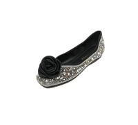 Women's Glitter Rhinestone Flat Shoes with Satin Rose Decor - Elegant Square Toe Ballet Flats for Party & Wedding,Black,8 UK