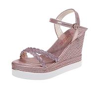 Women's Glitter Rhinestone Open Toe Platform Wedges Sandals Ankle Strap Shinny Crystal Wedding Dress Shoes,Wedge Heel Platform Sandals for Women 6 01_Pink