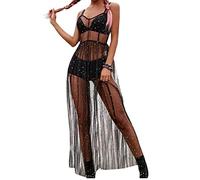 Women's Glitter See Through Mesh Dress Sexy Bikini Cover Up Beach Dress Split Sequin Stars Sleeveless Maxi Cover Ups Swimwear (A-Black, S)