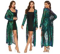 Women's Glitter Sequin Cardigan Long Sleeve Sparkle Duster Evening Party Cover Up Open Front Coat, Green, XXXL