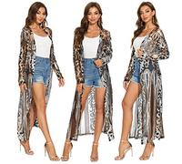 Women's Glitter Sequin Cardigan Long Sleeve Sparkle Duster Evening Party Cover Up Open Front Coat, Silver Gold, 5X-Large