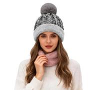 Women's Glitter Sequin Hat with Faux Fur Bobble & Edge - Warm Winter Hat Plush Lined - Thick Knitted Hat Beanie for Carnival Ski Christmas - Thermal Hat