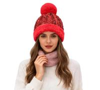 Women's Glitter Sequin Hat with Faux Fur Bobble & Edge - Warm Winter Hat Plush Lined - Thick Knitted Hat Beanie for Carnival Ski Christmas - Thermal Hat