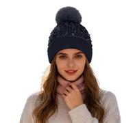 Women's Glitter Sequin Hat with Faux Fur Bobble & Edge - Warm Winter Hat Plush Lined - Thick Knitted Hat Beanie for Carnival Ski Christmas - Thermal Hat