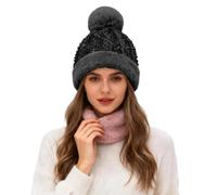 Women's Glitter Sequin Hat with Faux Fur Bobble & Edge - Warm Winter Hat Plush Lined - Thick Knitted Hat Beanie for Carnival Ski Christmas - Thermal Hat