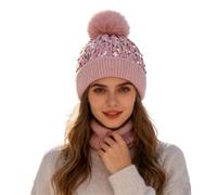 Women's Glitter Sequin Hat with Faux Fur Bobble & Edge - Warm Winter Hat Plush Lined - Thick Knitted Hat Beanie for Carnival Ski Christmas - Thermal Hat