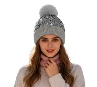 Women's Glitter Sequin Hat with Faux Fur Bobble & Edge - Warm Winter Hat Plush Lined - Thick Knitted Hat Beanie for Carnival Ski Christmas - Thermal Hat