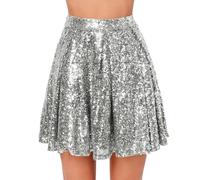 Women's Glitter Sequin Skirt, Metallic Pleated Skirt & Mini Skirt in Gold/Silver, for Carnival, Festival, Disco, Fancy Dress & Parties, Glitter Skirt, Elastic Waistband, High Waist, Silver g, S