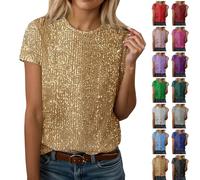 Women's Glitter Sequin T-Shirt Short Sleeve - Carnival Party Outfit New Year's Eve Disco Festive Top Gold Red Purple Colourful Shine Blouse Celebration Costume Tops, gold, XXL