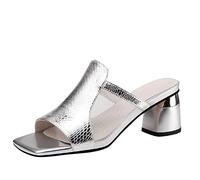 Women's Glitter Sequins Square Open Toe Block Heel Sandals Comfort Slip On Wedding Shoes For Bride Dress Sandals Mules Silver 5