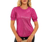 Women's Glitter Tops Short Sleeve Round Neck Sequin Sweater Party Prom Neon Tank Tops Rose Red M