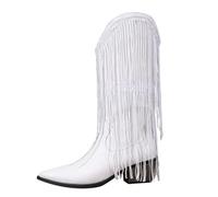 Women's Glitter, Western Boots with Fringes, White Shiny Leather Boots, Western Boots, Knight Boots with Fringes, Lace Boots, Long Shaft Boots, Faux Leather, Short Boots, White, 6.5 UK