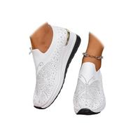 Women's Glittery Rhinestone Fashion Breathable Wedge Sneakers Summer Butterfly Embroidered Bling Sneakers for Women Sparkly Mesh Slip-on Walking Sneaker (White,41EU)