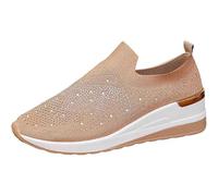 Women's Glittery Rhinestone Fashion Breathable Wedge Sneakers Summer Butterfly Embroidered Bling Sneakers for Women Sparkly Mesh Slip-on Walking Sneaker (Beige,38EU)
