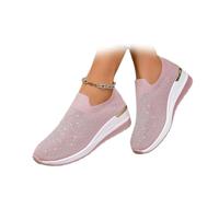 Women's Glittery Rhinestone Fashion Breathable Wedge Sneakers Summer Butterfly Embroidered Bling Sneakers for Women Sparkly Mesh Slip-on Walking Sneaker (Pink,39EU)