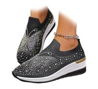 Women's Glittery Rhinestone Fashion Breathable Wedge Sneakers Summer Butterfly Embroidered Bling Sneakers for Women Sparkly Mesh Slip-on Walking Sneaker (Black,39EU)