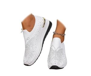 Women's Glittery Rhinestone Fashion Breathable Wedge Sneakers Summer Butterfly Embroidered Bling Sneakers for Women Sparkly Mesh Slip-on Walking Sneaker (White,36EU)