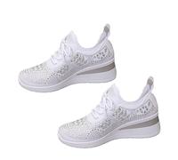 Women's Glittery Rhinestone Fashion Breathable Wedge Sneakers, Wedding Trainers Sparkly Platform Mesh Orthopedic Tennis Shoes (White,36EU)