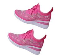 Women's Glittery Rhinestone Fashion Breathable Wedge Sneakers, Wedding Trainers Sparkly Platform Mesh Orthopedic Tennis Shoes (Rose Red,36EU)