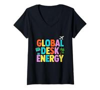 Women's Global Desk Energy Travel Work Lifestyle Design V-Neck T-Shirt