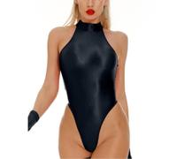 Women's Glossy Leotard, Sexy Sleeveless Turtle Neck High Cut One Piece Bodysuit, Back Zipper Solid Sparkle Dance Jumpsuit, Slim Fit Mesh See Through Leotard for Training Swimwear Yoga Gym Workout