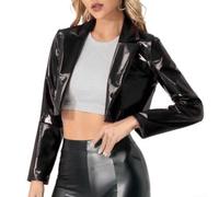Women's Glossy Patent Leather Crop Jacket Long Sleeve Lapel Coat