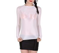 Women's Glossy T-Shirt, Shiny Long Sleeve Crop Tops, Semi See Through Solid Stretchy Tank Top for Yoga Fitness Workout, Crewneck Sheer Seamless Disco Shirt Blouse for Festival Rave Dance Clubwear