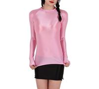 Women's Glossy T-Shirt, Shiny Long Sleeve Crop Tops, Semi See Through Solid Stretchy Tank Top for Yoga Fitness Workout, Crewneck Sheer Seamless Disco Shirt Blouse for Festival Rave Dance Clubwear