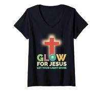 Womens Glow for Jesus Let Your Light Shine Christian Faith Cross V-Neck T-Shirt