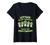 Women's Glow Through We Grow Lettuce Pun Planting Gardening Lettuce V-Neck T-Shirt