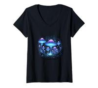 Womens Glowing Mushrooms Forest Night Scene V-Neck T-Shirt