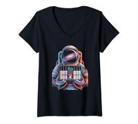 Women's Glowing Psychedelic toadstools and Retro Galaxy Astronaut V-Neck T-Shirt