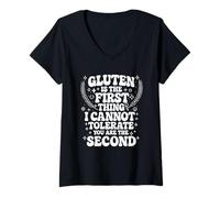 Womens Gluten Intolerance Funny Gluten Is The First Thing sarcastic V-Neck T-Shirt