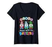 Womens Gnome Bingo Night with My Bestie Gambling Gambler Gift Funny V-Neck T-Shirt
