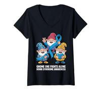 Womens Gnome One Fights Alone Down Syndrome Awareness Funny Gnomes V-Neck T-Shirt
