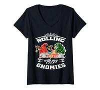 Women's Gnomes Christmas Tree Rolling With My Gnomies XMas Pajama V-Neck T-Shirt