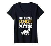 Womens Go Ahead and Run He Likes Fast Food Funny K9 working dog V-Neck T-Shirt
