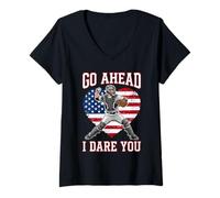 Women's Go Ahead Run I Dare You Vintage Baseball Catcher Funny Boys V-Neck T-Shirt