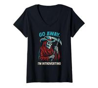 Womens Go Away I’m Introverting Grim Reaper Cowboy Skeleton Western V-Neck T-Shirt