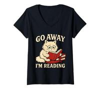 Womens Go Away I'm Reading Cute Nerdy Cat Book Lover V-Neck T-Shirt